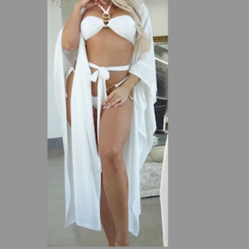 Women's White Swimsuit Cover Robe With Belt NEW - Picture 2 of 2